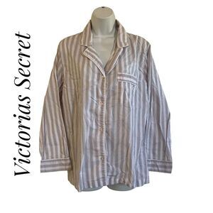 Victorias Secret Medium Long Sleeve Button Up Pajama Top Grey Pink